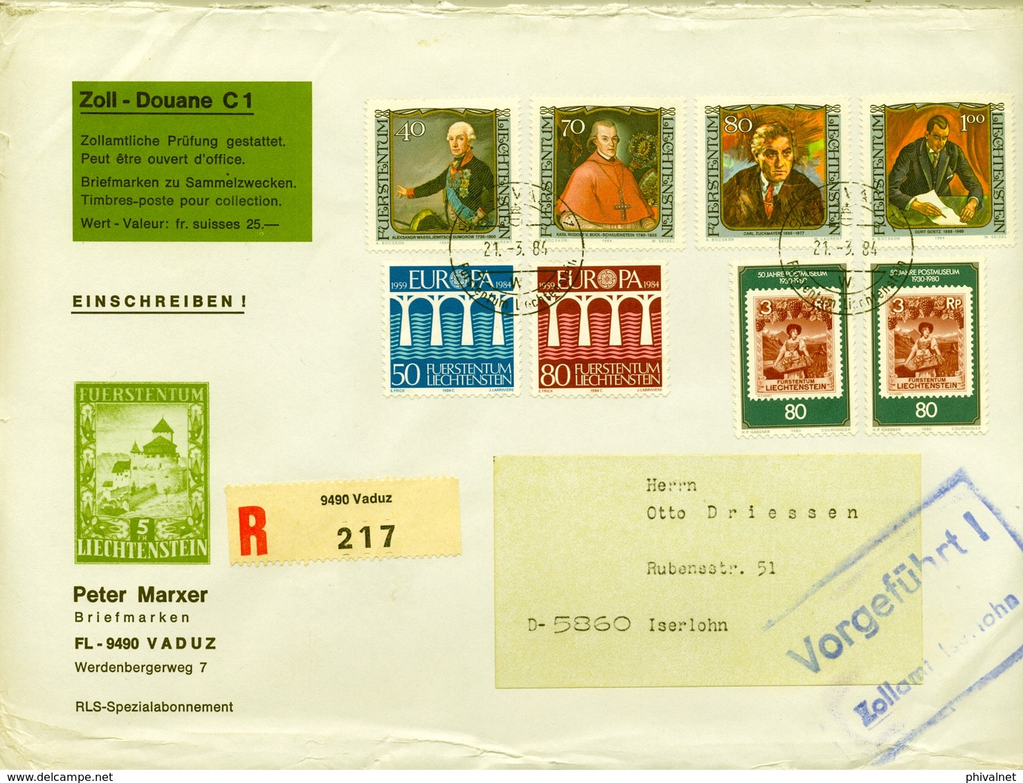 1984 , LIECHTENSTEIN , SOBRE CERTIFICADO , VADUZ - ISELOHN , FRANQUEO MÚLTIPLE, FORMATO 23X16,5 - Covers & Documents