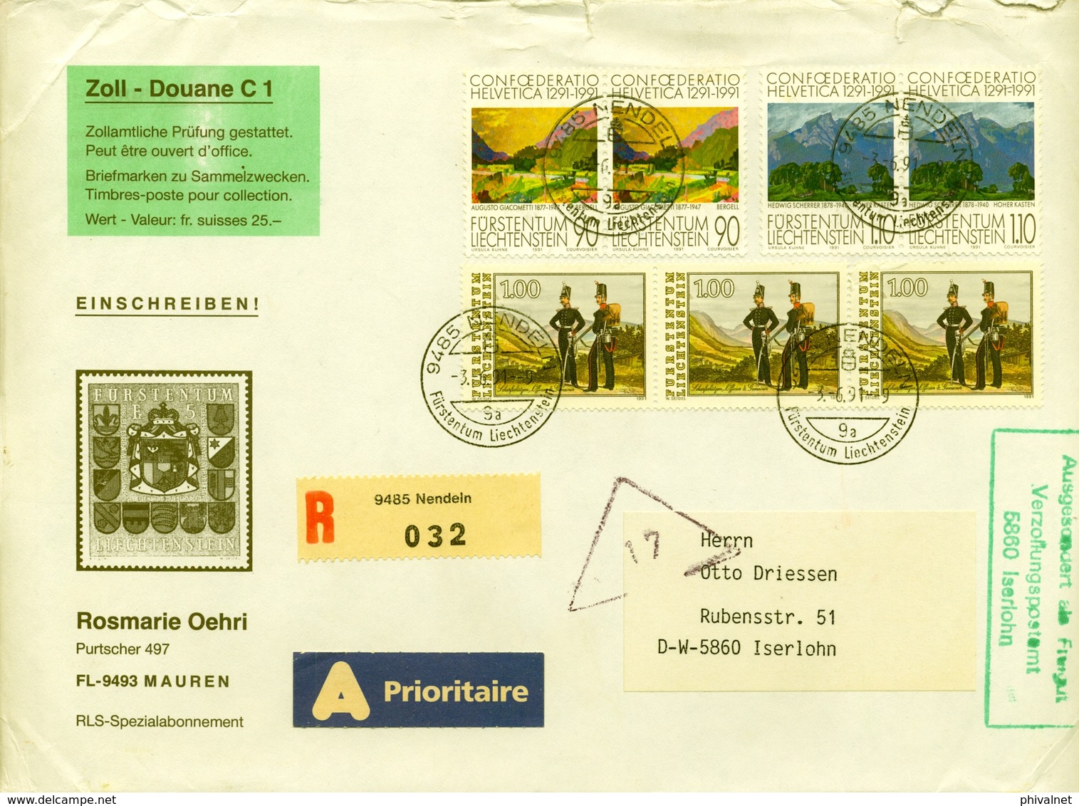 1991 , LIECHTENSTEIN , SOBRE CERTIFICADO , NENDELN - ISELOHN , FRANQUEO MÚLTIPLE, FORMATO 23X16,5 - Cartas & Documentos