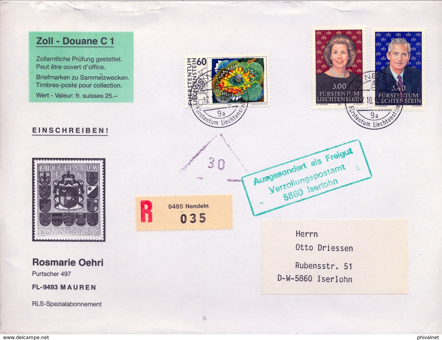 1991 , LIECHTENSTEIN , SOBRE CERTIFICADO , NENDELN - ISELOHN , FRANQUEO MÚLTIPLE, FORMATO 23X16,5 - Cartas & Documentos