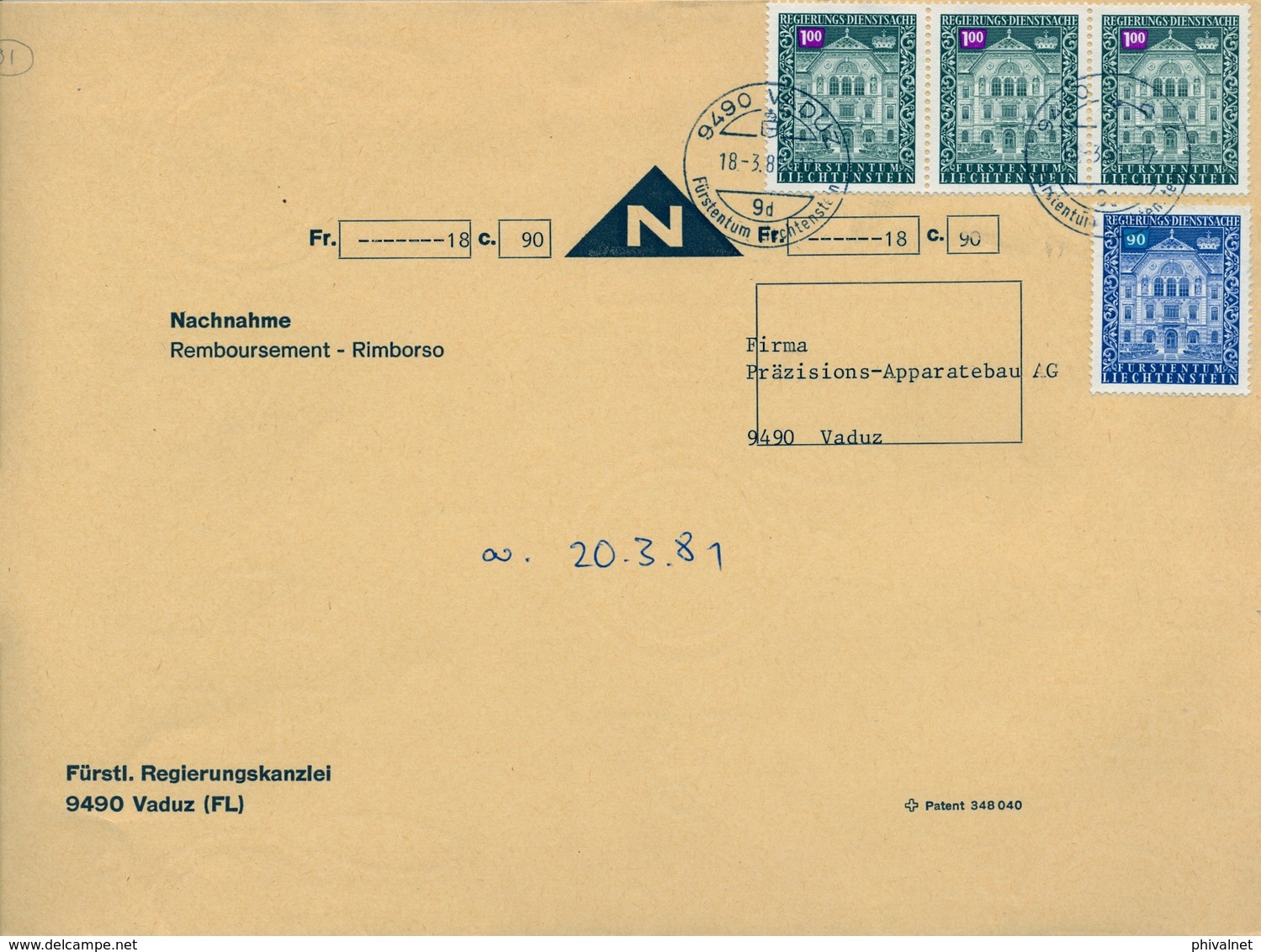 1981 , LIECHTENSTEIN , SOBRE CIRCULADO , VADUZ, FORMATO 23X16,5 - Covers & Documents