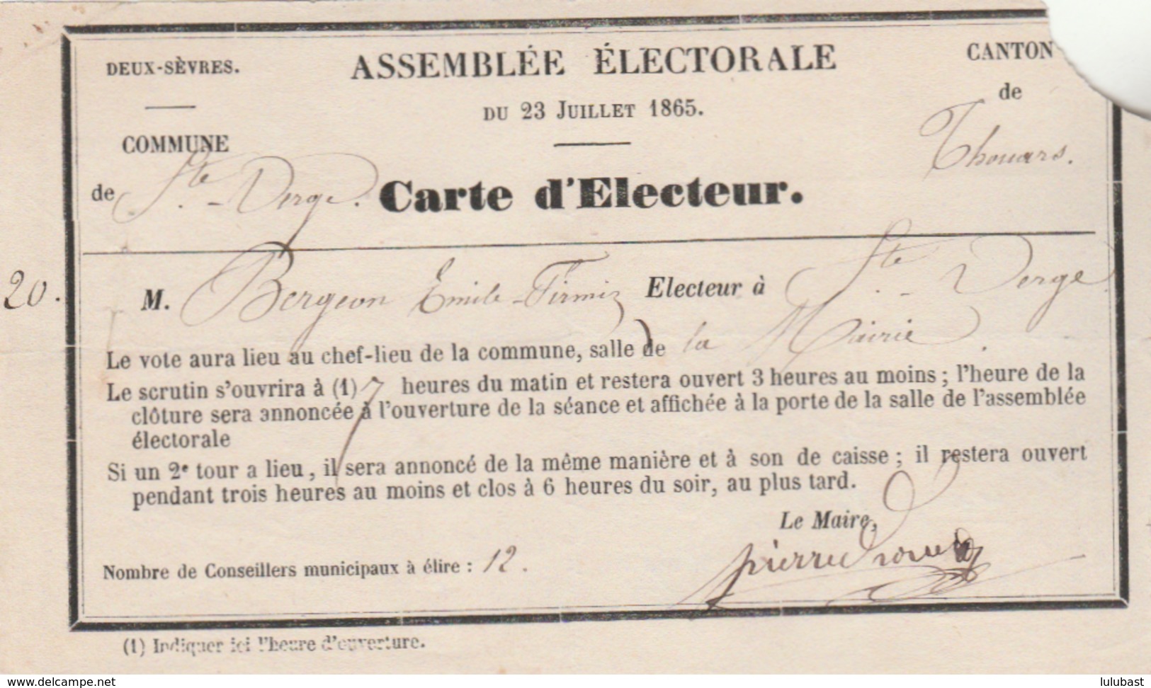 Carte D'électeur  De Ste Verge, Canton De Thouars Pour L'élection De Conseillers Municipaux. (TTB) - Autres & Non Classés