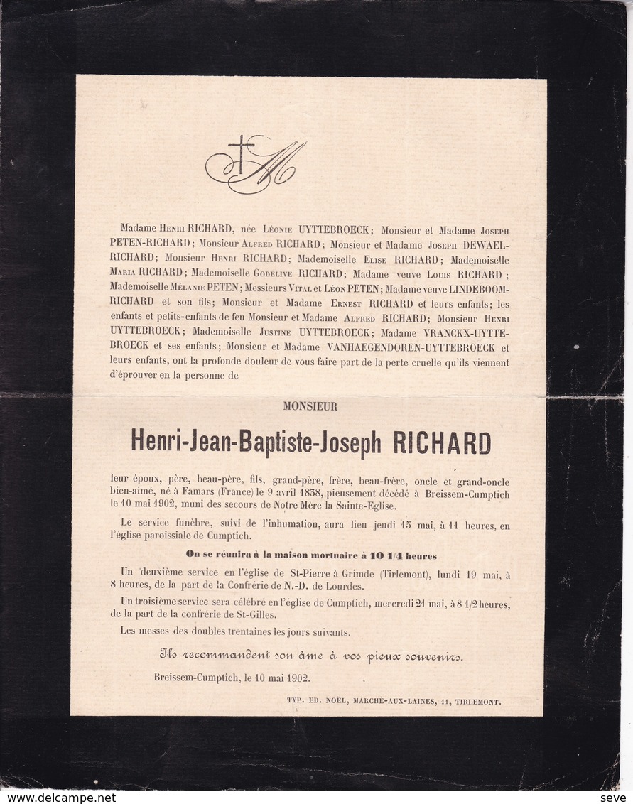 FAMARS BREISSEM-CUMPTICH TIRLEMONT Henri RICHARD 1838-1902 Familles PETEN VRANCKX - Obituary Notices