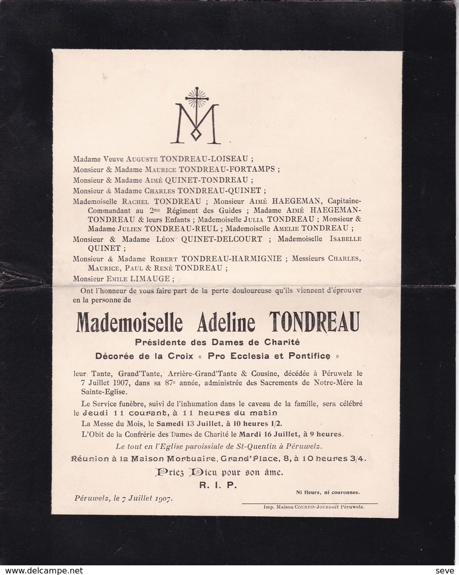 PERUWELZ Adeline TONDREAU 87 Ans 1907 Famille LOISEAU FORTAMPS - Décès