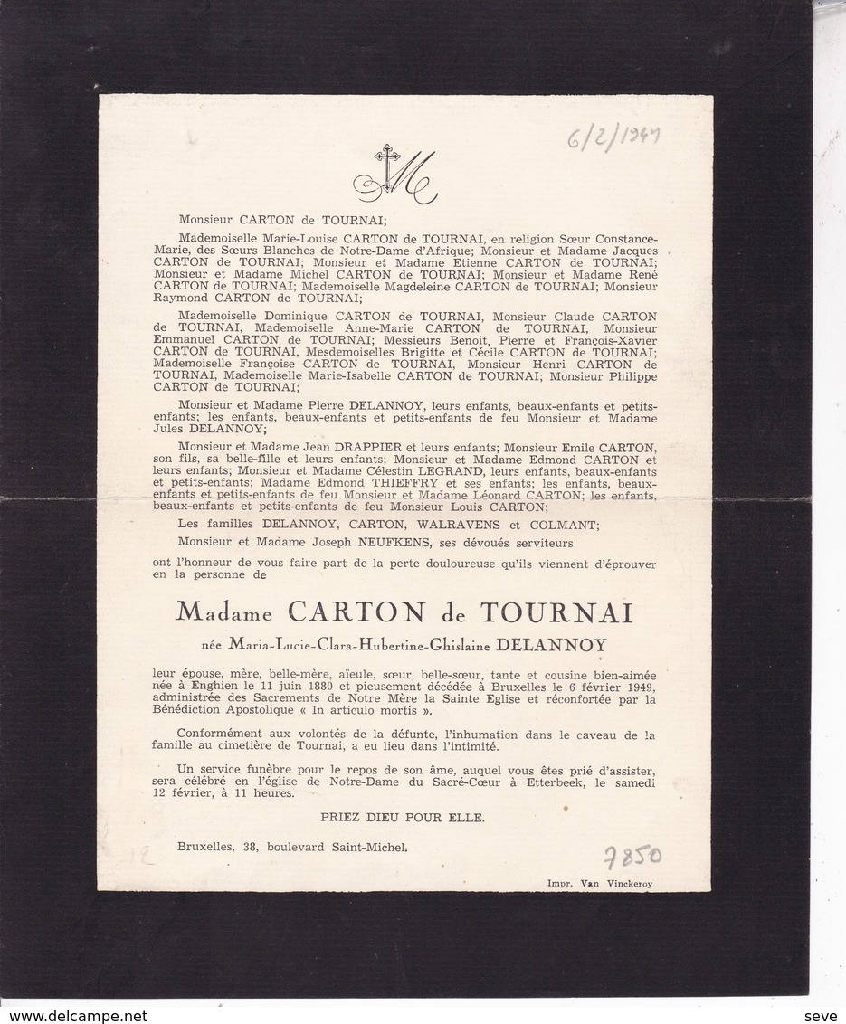 ENGHIEN TOURNAI Maria-Lucia DELANNOY épouse CARTON De TOURNAI 1880-1949 - Décès