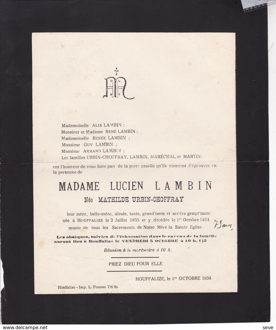 HOUFFALIZE Mathilde URBIN-CHOFFRAY épouse Lucien LAMBIN 1855-1934 Faire-part Mortuaire - Obituary Notices