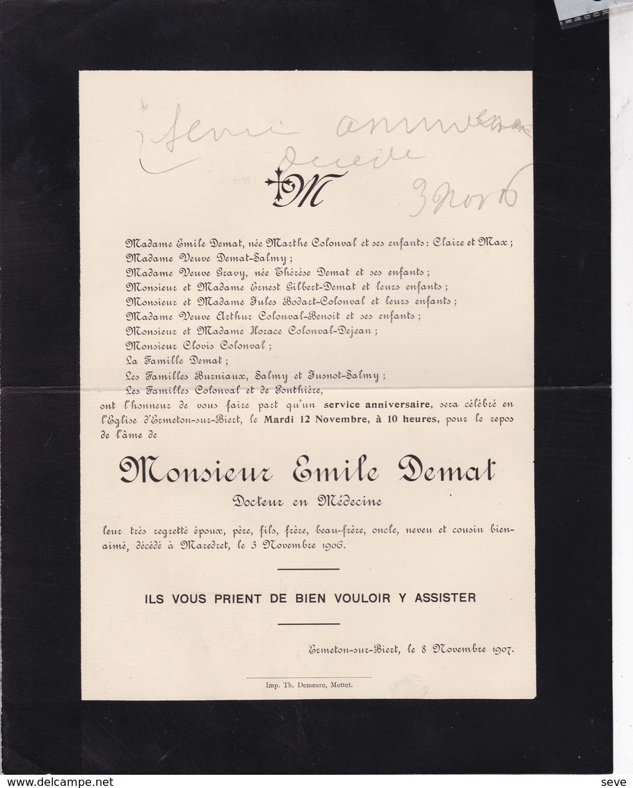 MAREDRET ERMETON-sur-BIERT Docteur Emile DEMAT 1906 Familles COLONVAL DEJEAN De PONTHIERE - Overlijden