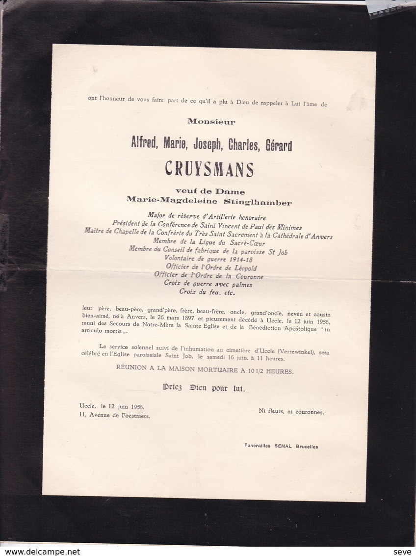 UCCLE ANVERS Alfred CRUYSMANS Veuf STINGGLHAMBER 1897-1956 Enterré Uccle Fabrique D'église St Job 2 Volets Complets - Décès