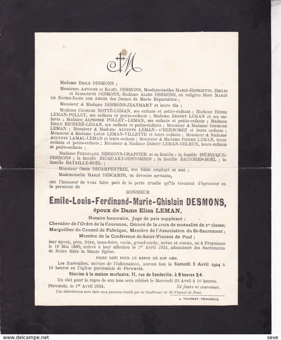 FROYENNES PERUWELZ Emile DESMONS époux LEMAN Notaire Et Juge De Paix Suppléant 1860-1924 - Obituary Notices