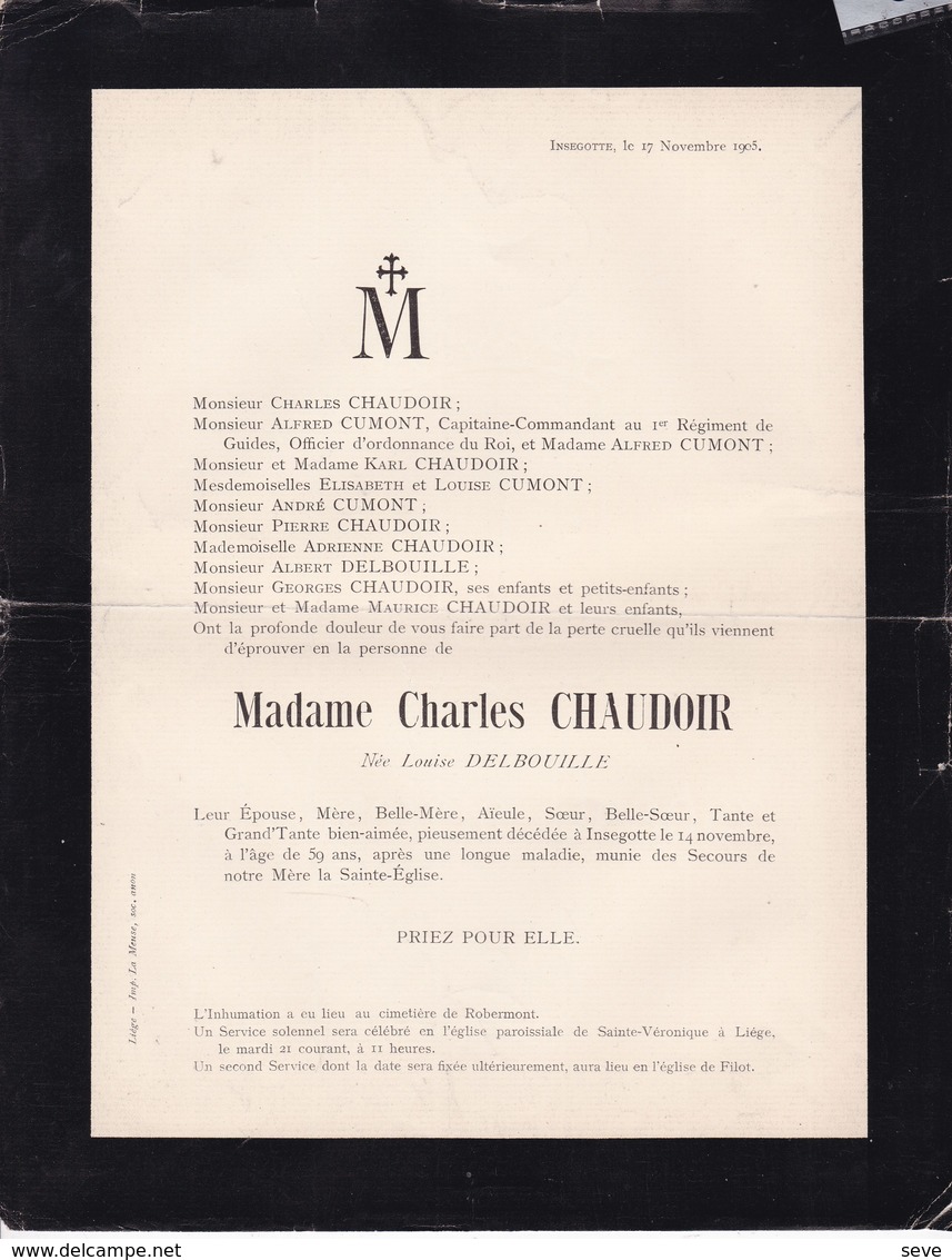 INSEGOTTE Louise DELBOUILLE épouse CHAUDOIR 59 Ans 1905 Famille CUMONT D'ALOST AALST - Décès