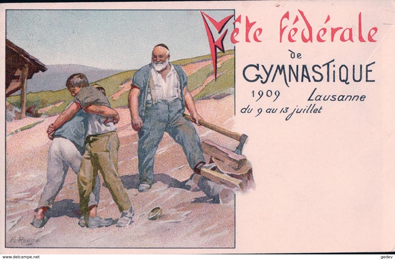 Lausanne, Fête Fédérale De Gymnastique 1909, Illustrateur F. Rouge (10975) Pli - Lausanne