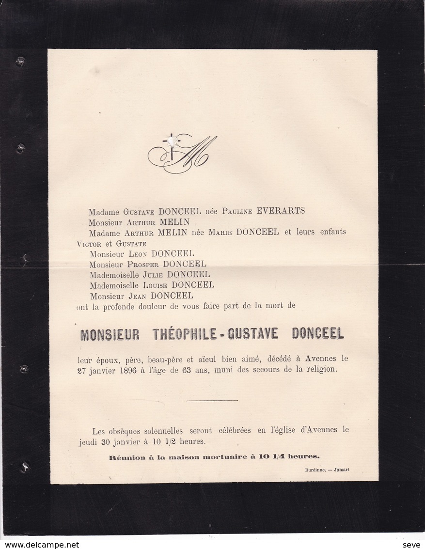 AVENNES Théophile-Gustave DONCEEL 63 Ans 1896 Famille EVERARTS - Décès