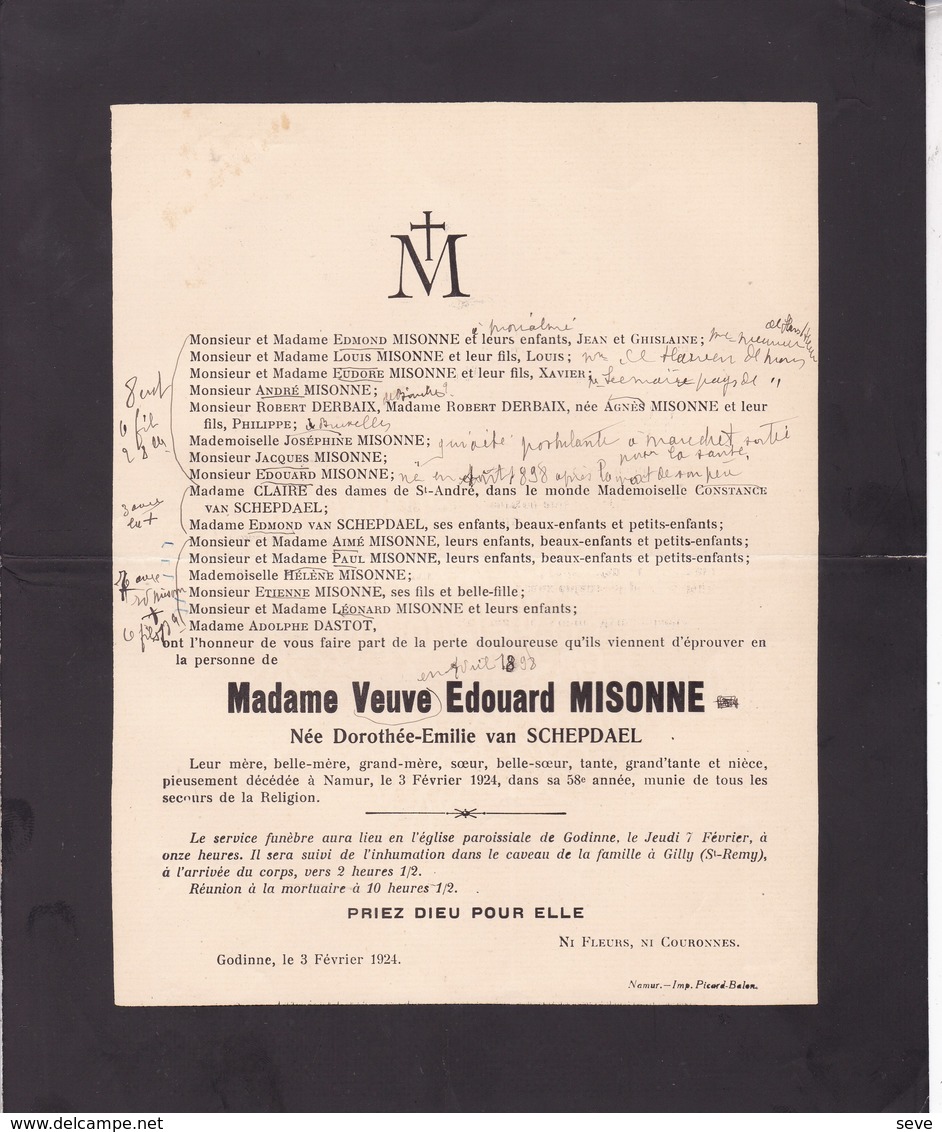 GODINNE NAMUR Dorothée Van SCHEPDAEL Veuve Edouard MISONNE 58 Ans 1924 Famille GILLY JUMET - Esquela