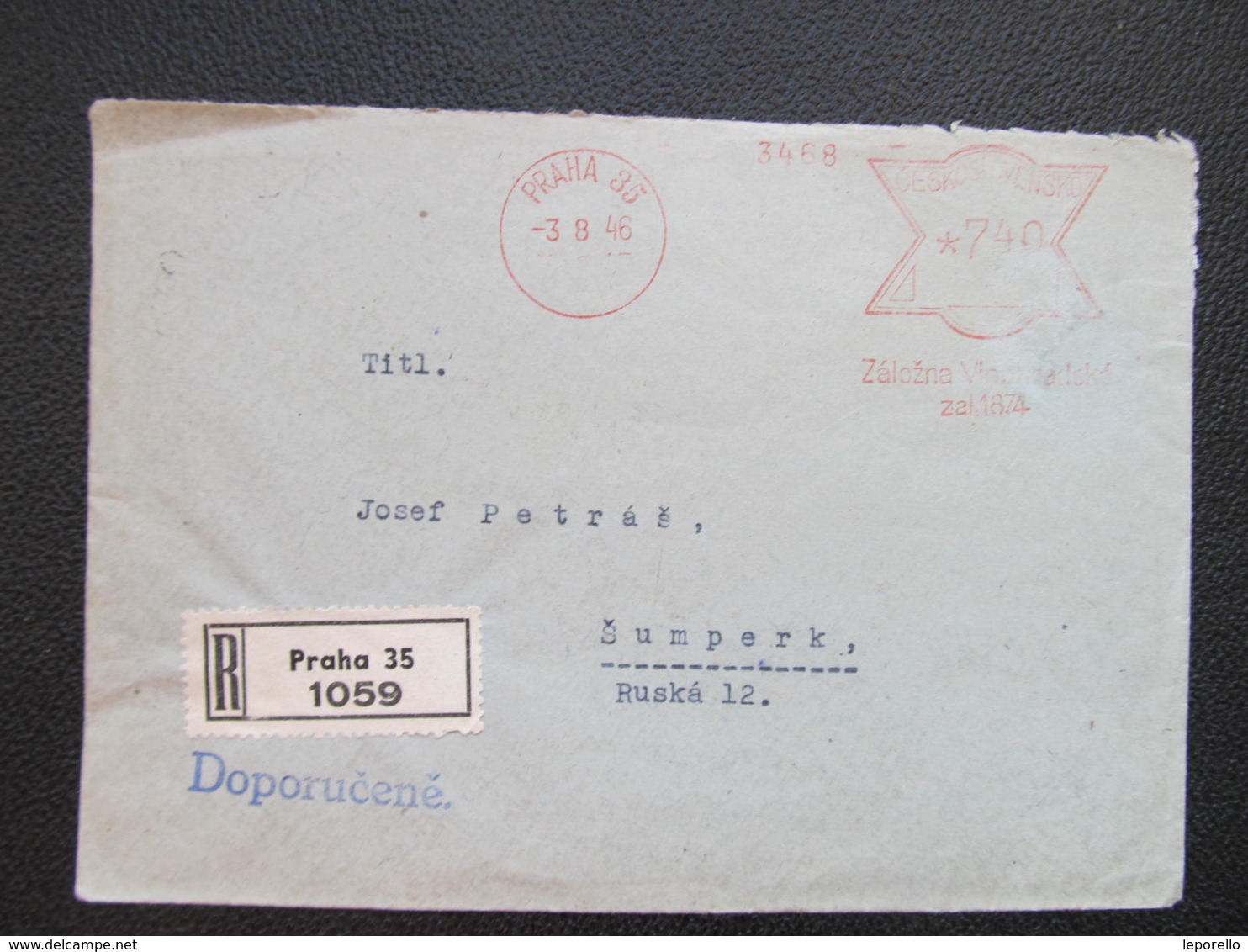 BRIEF Praha 35 Zalozna Vinohradska 1946 Frankotype Postfreistempel // L3920 - Briefe U. Dokumente