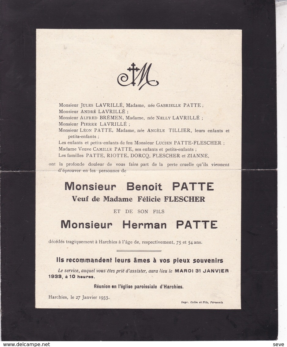 HARCHIES Accident Benoît PATTE Veuf FLESCHER Et Herman PATTE Son Fils 1933 Familles ZIANNE DORCQ - Décès