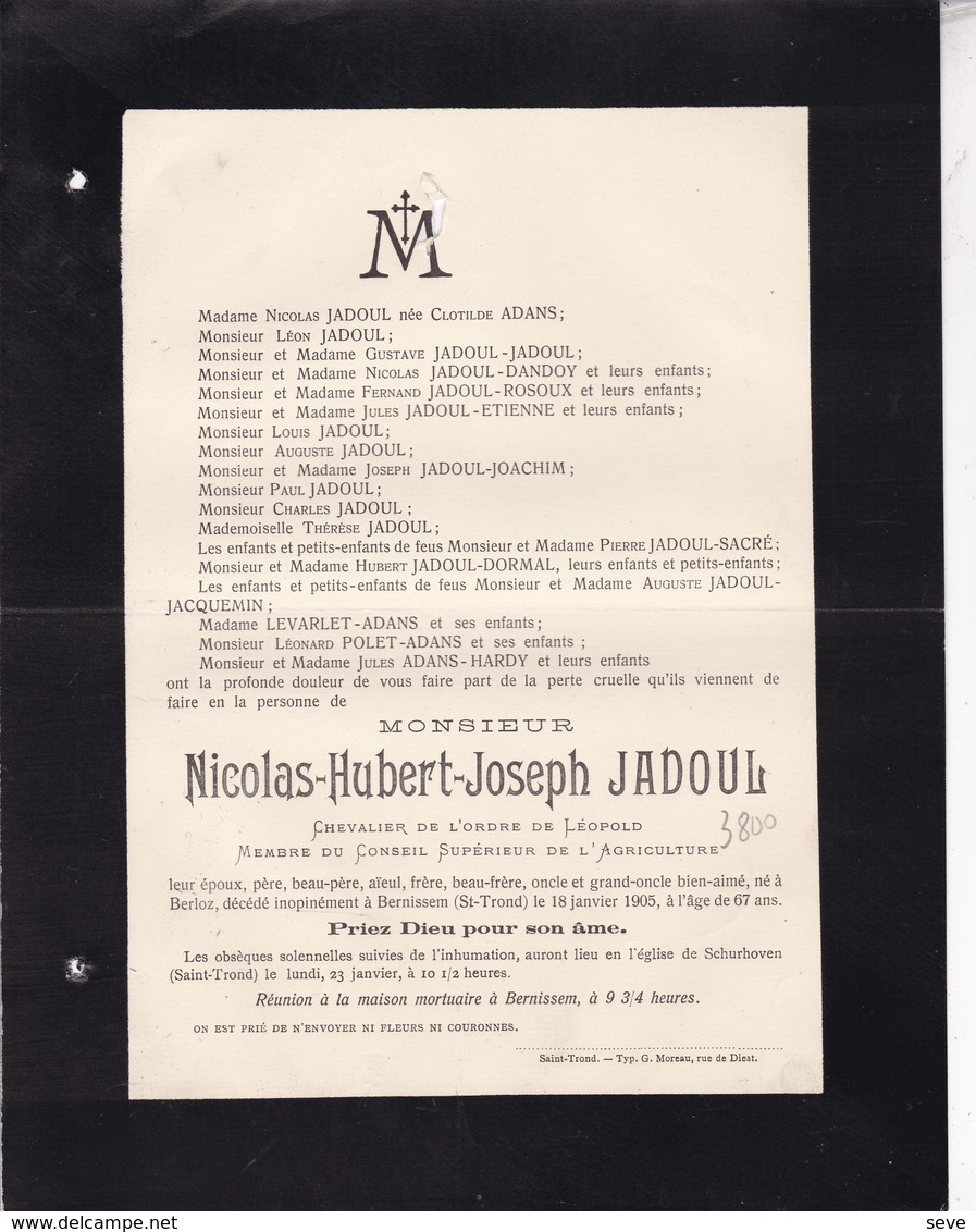 BERNISSEM SCHURHOVEN Nicolas JADOUL Membre Conseil Supérieur De L'Agriculture époux ADAMS 67 Ans 1905 DANDOY - Décès