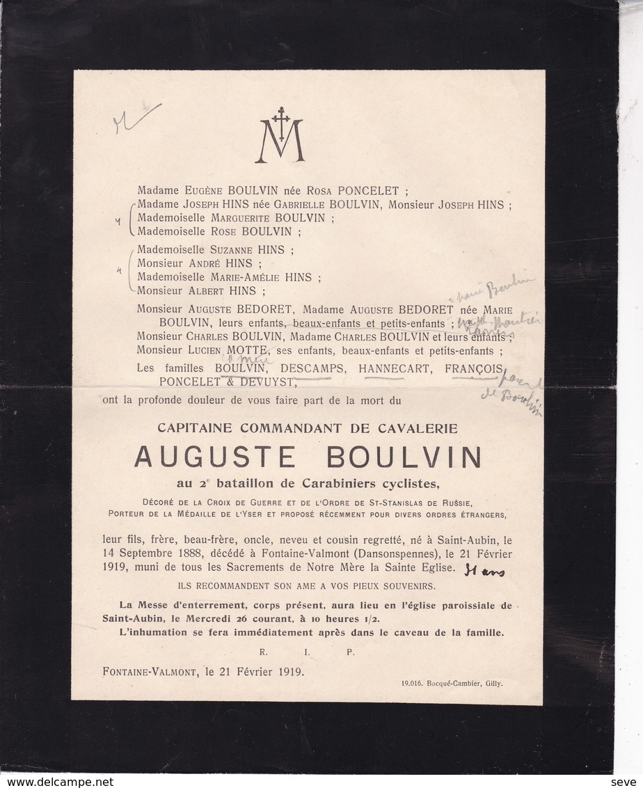 14-18 FONTAINE-VALMONT Capitaine Auguste BOULVIN 2 Carabiniers Cyclistes 1888-1919 Décoré Ordre St-Stanislas De Russie - Décès