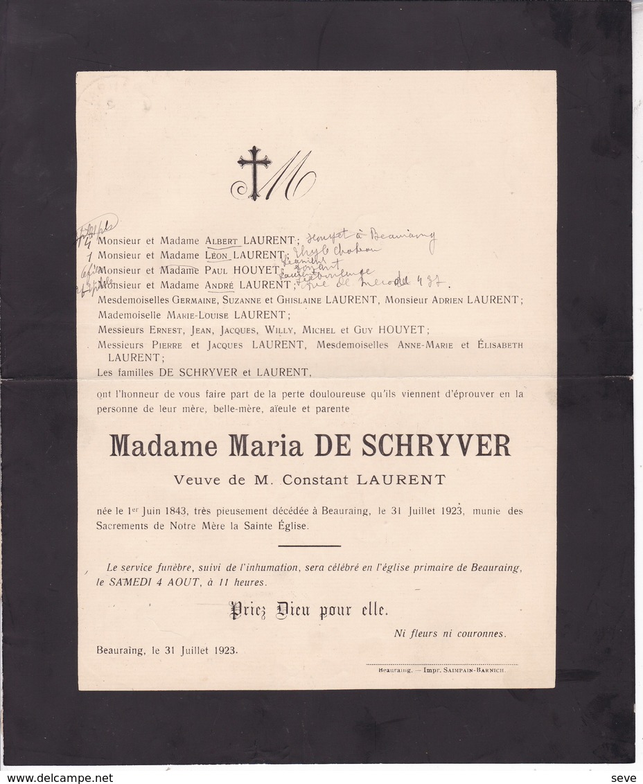 BEAURAING Maria DE SCHRYVER Veuve Constant LAURENT 1843-1923 Famille HOUYET - Overlijden