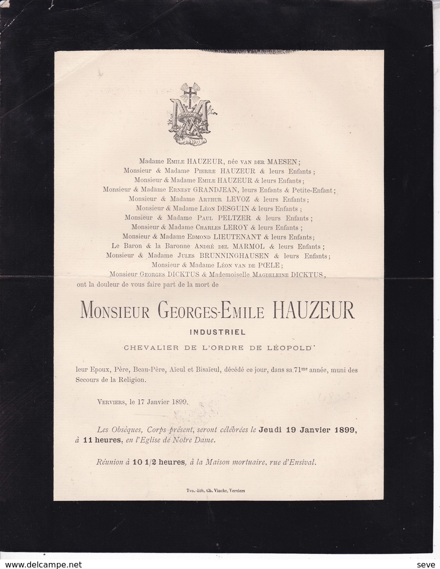 VERVIERS Georges-Emile HAUZEUR Industriel 71 Ans 1899 Famille Van Der MAESEN GRANDJEAN LEROY PELTZER DICKTUS - Overlijden