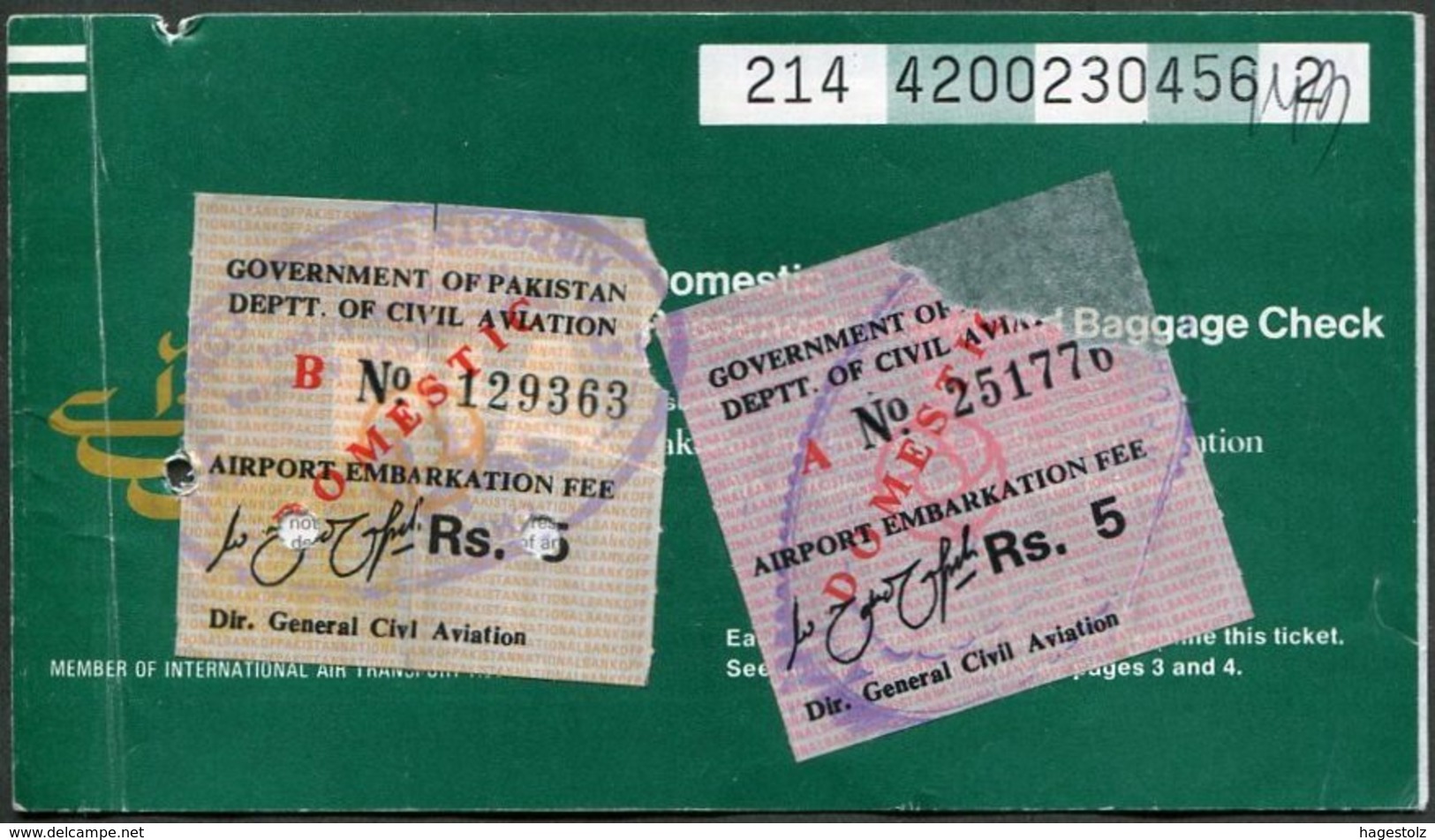 Pakistan PIA Airline 1980 Air Passenger Ticket (Karachi-Islamabad) Billet D'avion Flugticket AIRPORT TAX Revenue Fiscal - Monde