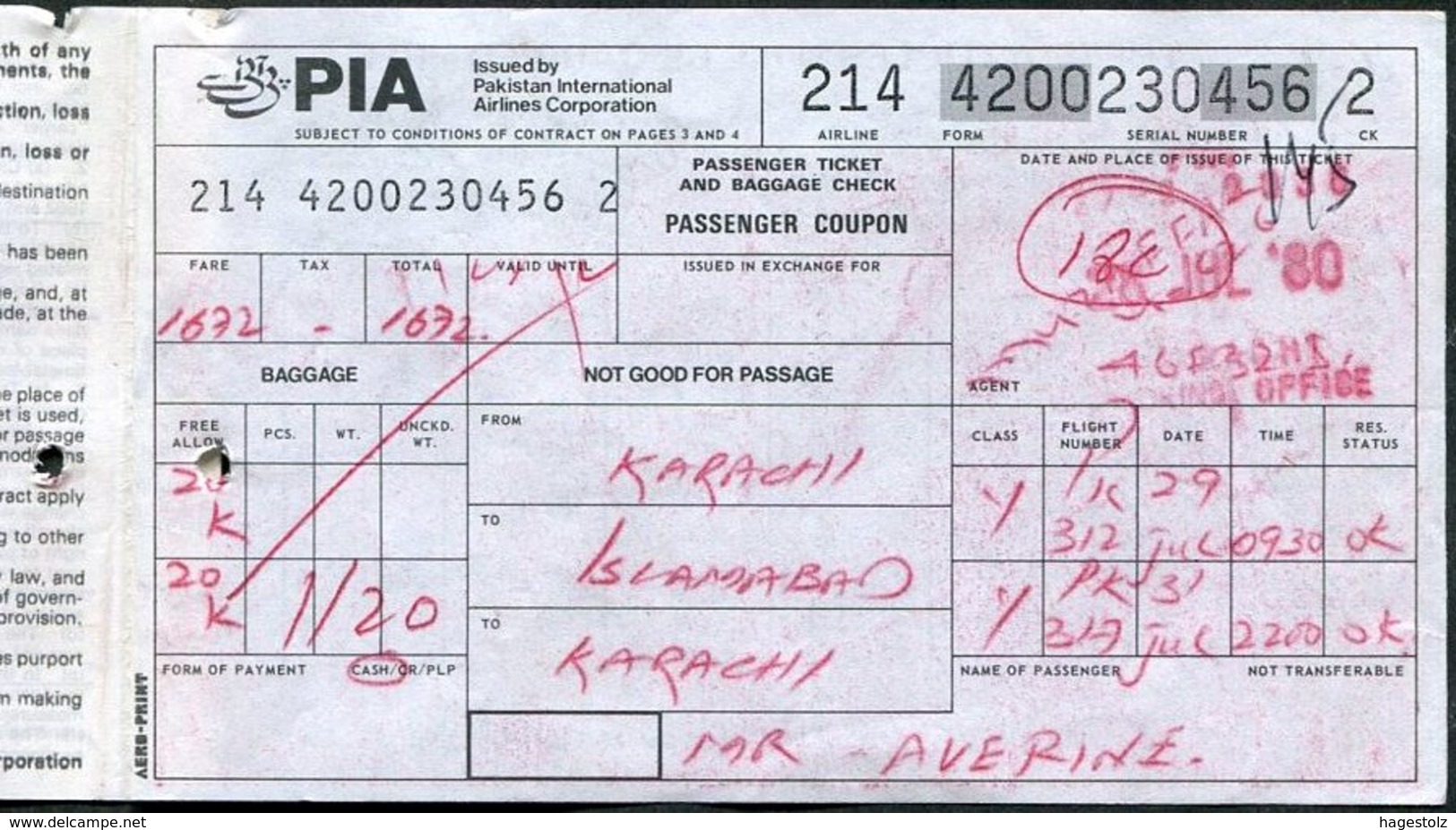 Pakistan PIA Airline 1980 Air Passenger Ticket (Karachi-Islamabad) Billet D'avion Flugticket AIRPORT TAX Revenue Fiscal - Monde