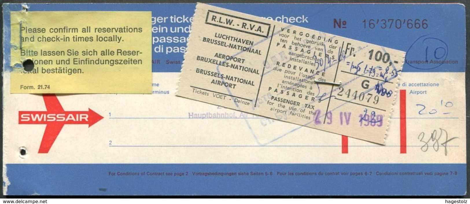 SWISSAIR Airline 1969 Air Passenger Ticket Flugticket Billet D'avion WATCHES Adv Brussels AIRPORT TAX Fee Revenue Fiscal - Europe