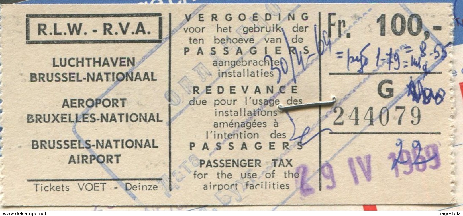 SWISSAIR Airline 1969 Air Passenger Ticket Flugticket Billet D'avion WATCHES Adv Brussels AIRPORT TAX Fee Revenue Fiscal - Europe