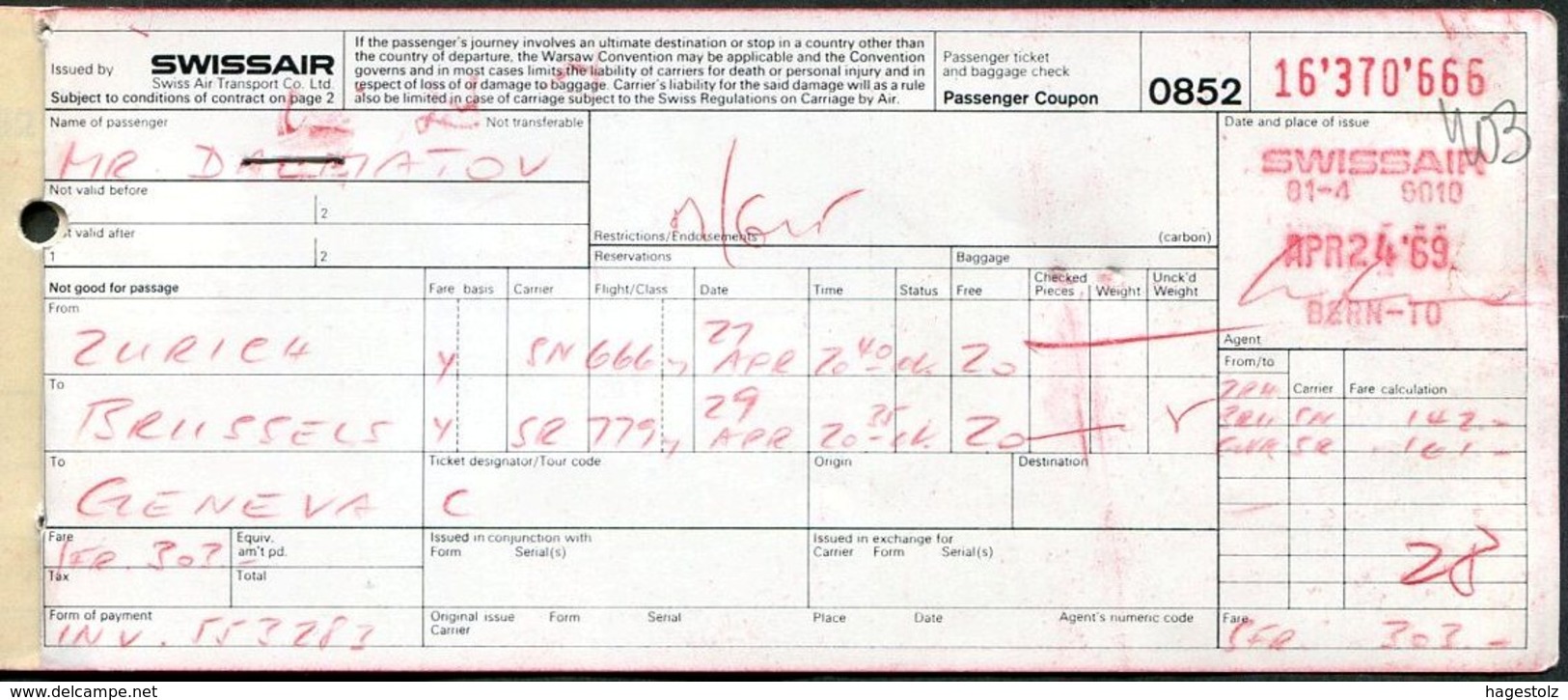 SWISSAIR Airline 1969 Air Passenger Ticket Flugticket Billet D'avion WATCHES Adv Brussels AIRPORT TAX Fee Revenue Fiscal - Europe