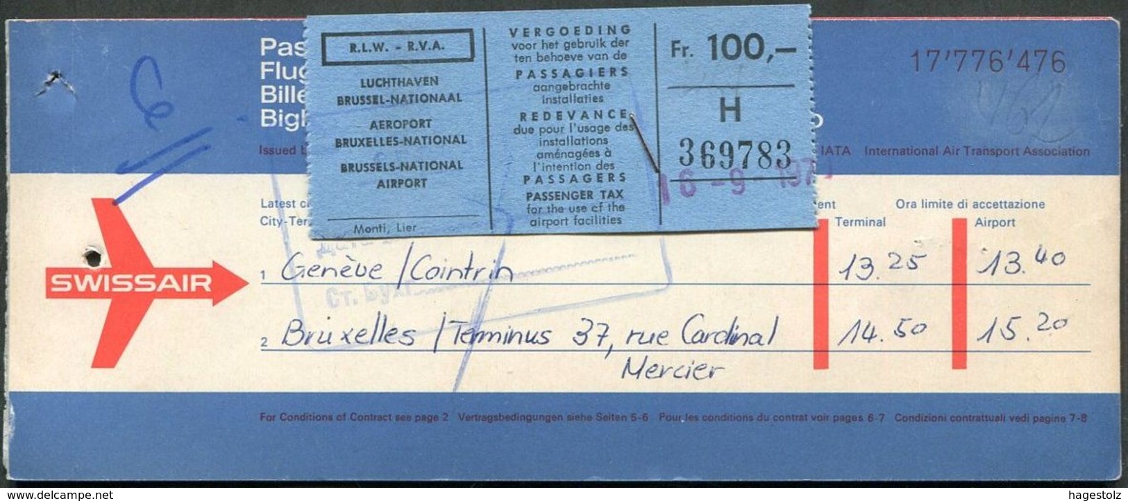 SWISSAIR Airline 1970 Air Passenger Ticket Flugticket Billet D'avion WATCHES Adv Brussels AIRPORT TAX Fee Revenue Fiscal - Europe