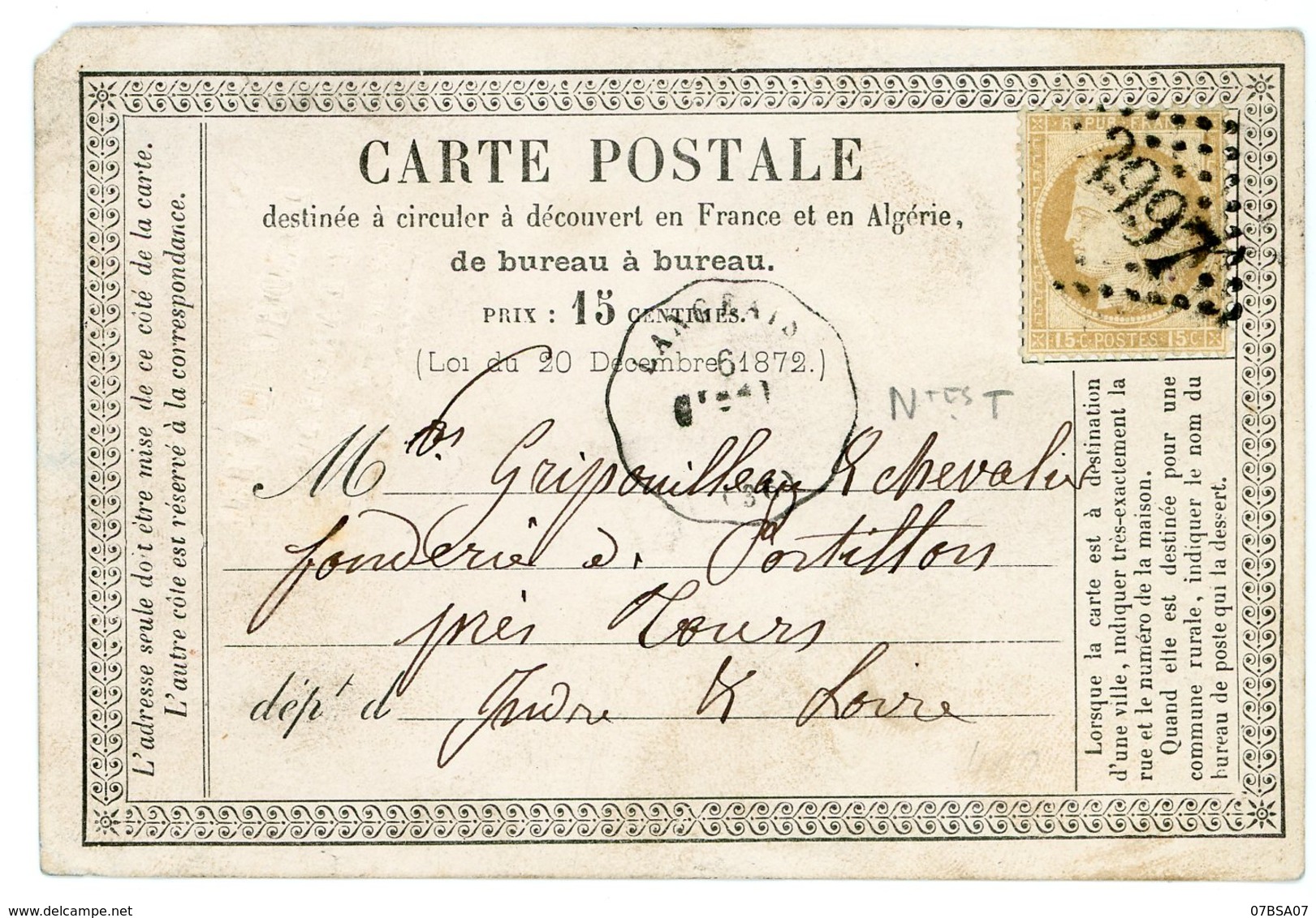 INDRE ET LOIRE CPP REPIQUE PAR CACHET COMMERCE A SEC 1875 LANGEAIS / Ntes.T. CONV STATION "LANDRY-HAMEL / A LANGEAIS / I - 1849-1876: Classic Period