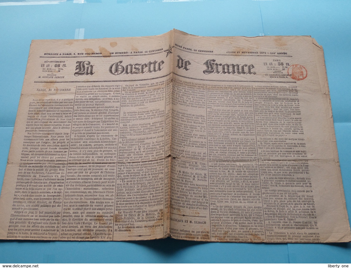 La GAZETTE De FRANCE (4 Pages) 15 Centimes : Lundi 27 Novembre 1871 - 241e Année - Paris (Janicot) ! - 1850 - 1899