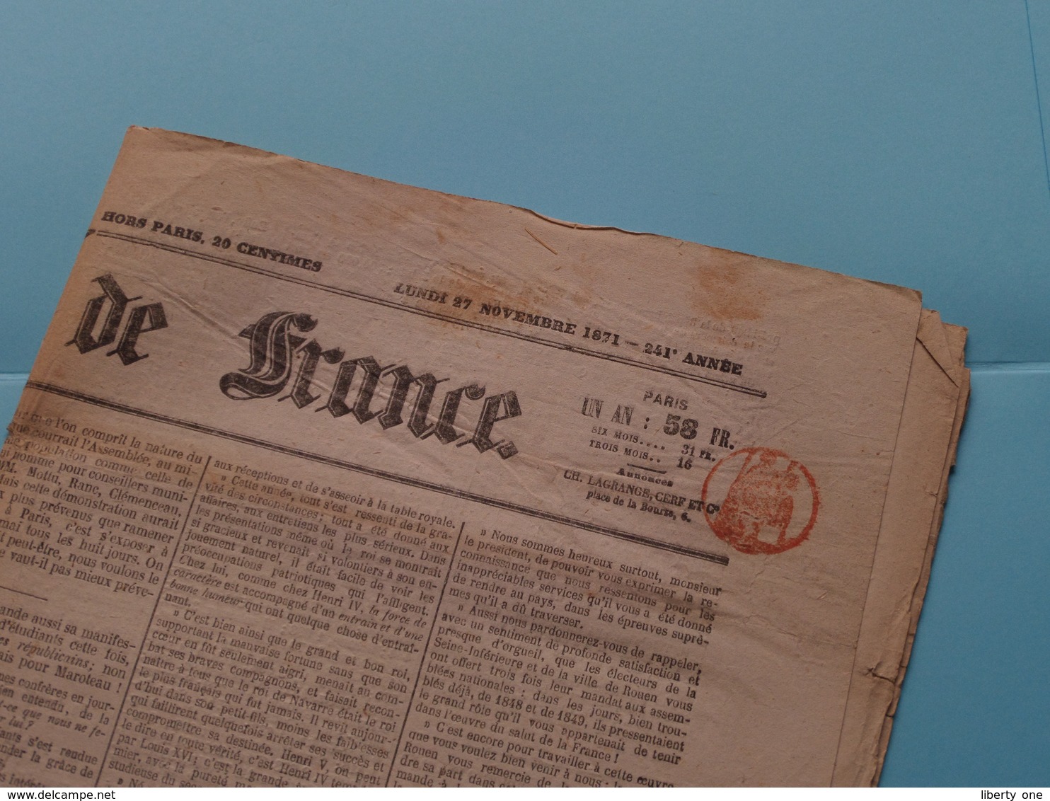 La GAZETTE de FRANCE (4 Pages) 15 Centimes : Lundi 27 Novembre 1871 - 241e Année - Paris (Janicot) !