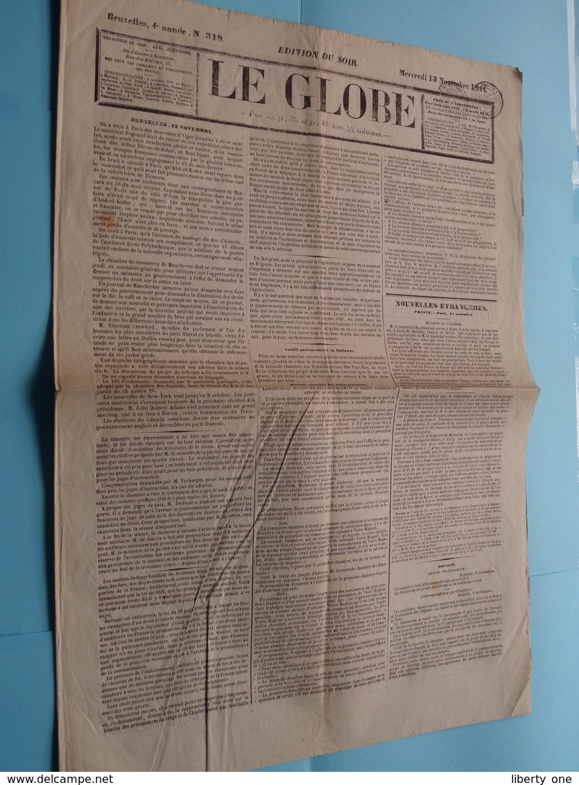 LE GLOBE - 4e Année, N° 318 ( Edit. Du Soir / Gazette )  : Lundi 13 Novembre 1844 - BRUXELLES ( Aug. Jeunesse ) ! - Oud