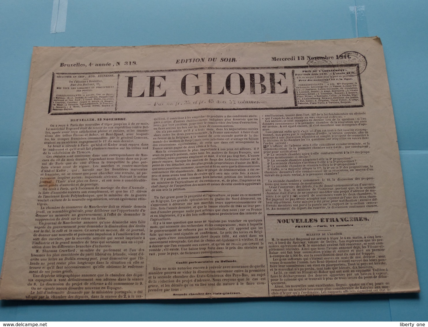 LE GLOBE - 4e Année, N° 318 ( Edit. Du Soir / Gazette )  : Lundi 13 Novembre 1844 - BRUXELLES ( Aug. Jeunesse ) ! - Oud