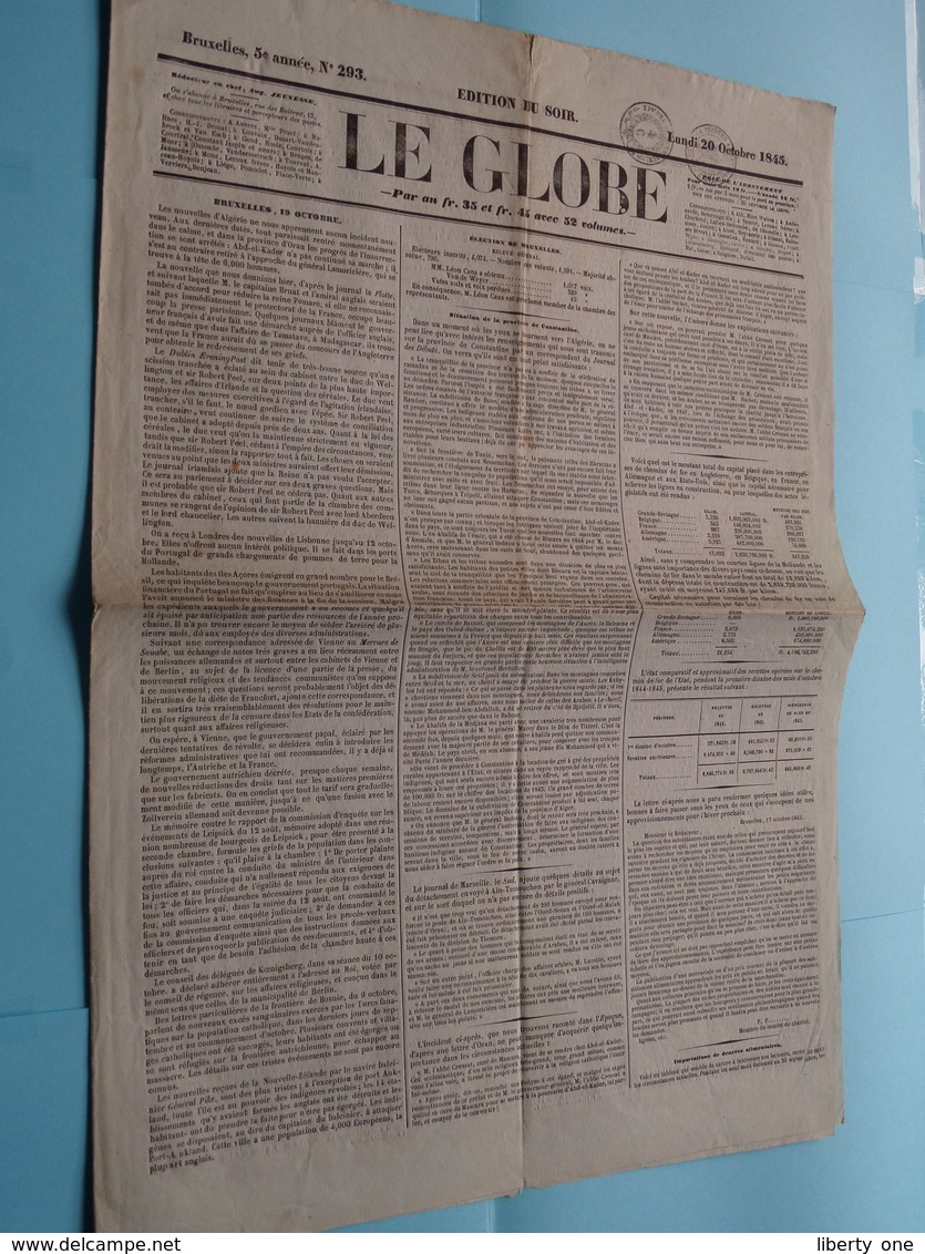 LE GLOBE - 5e Année, N° 293 ( Edit. Du Soir / Gazette )  : Lundi 20 Octobre 1845 - BRUXELLES ( Aug. Jeunesse ) ! - Anciens