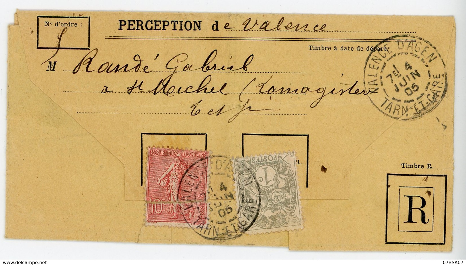 TARIF OBJET A PRIX REDUIT RECOMMANDEE OPR TARN ET GARONNE LAC 1905 VALENCE D'AGEN TIMBRES COUPES A L OUVERTURE - 1877-1920: Période Semi Moderne