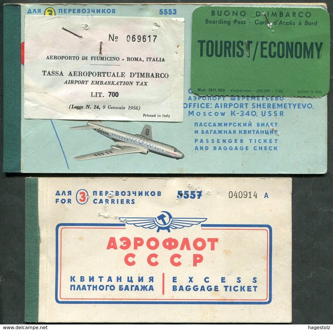 USSR Russia AEROFLOT Airline 1967 Air Passenger Ticket Billet D'avion ALITALIA Tag Rome AIRPORT TAX Fee Revenue Fiscal - Europe