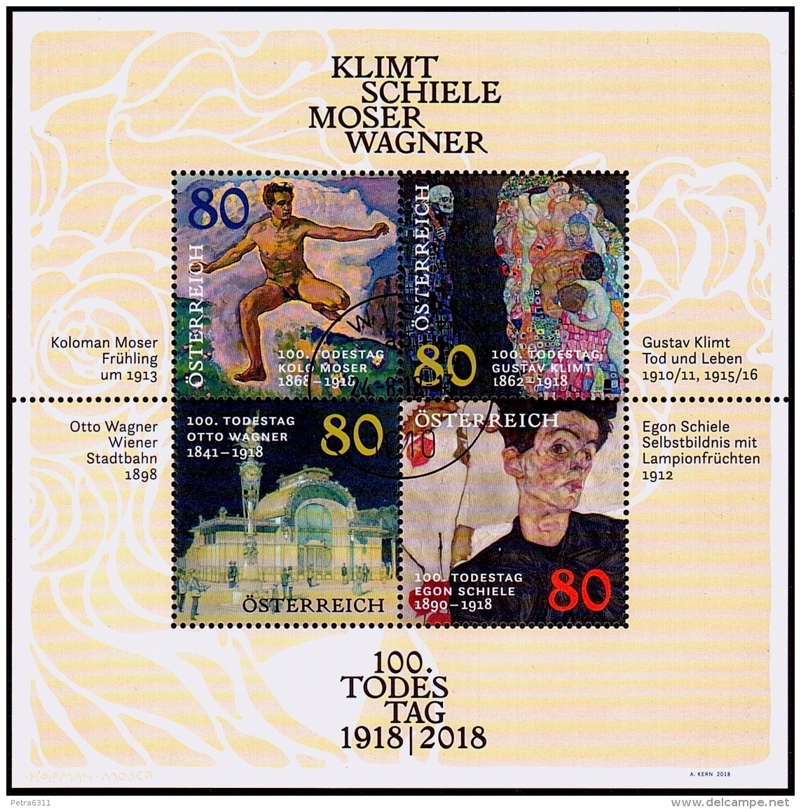 Austria Österreich 2018 100. Todestage Von Gustav Klimt, Egon Schiele, Koloman Moser Und Otto WagneUSED / O / GESTEMPELT - Gebraucht