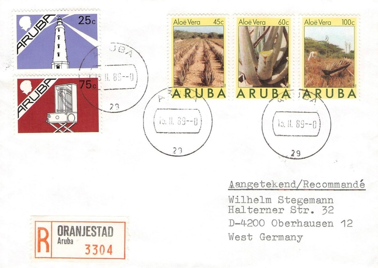 ARUBA  - REGISTERED MAIL 1989 ORANJESTAD -> OBERHAUSEN/GERMANY Mi #37-39, 25, 28 - Niederländische Antillen, Curaçao, Aruba