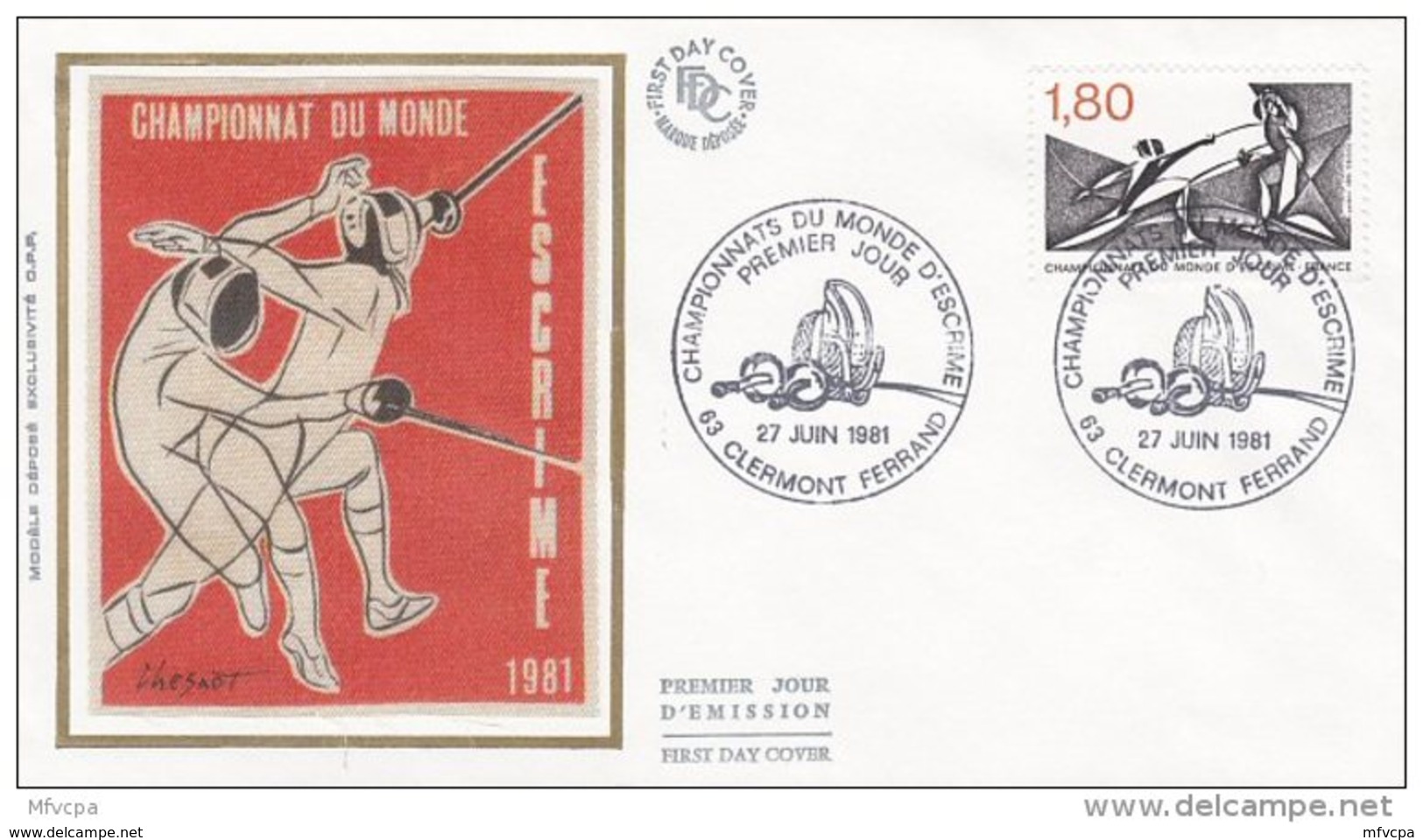 L4K260 FRANCE 1981 Escrime FDC Championnat Du Monde 1,80f Clermont Ferrand 27 06 1981/env.  Illust. - Escrime