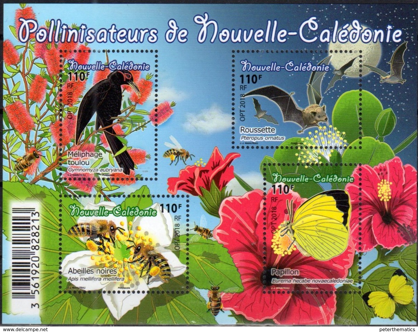 NEW CALEDONIA, 2018, MNH, POLLINATORS, BIRDS, BATS, BEES, BUTTERFLIES, FLOWERS, SHEETLET - Other & Unclassified