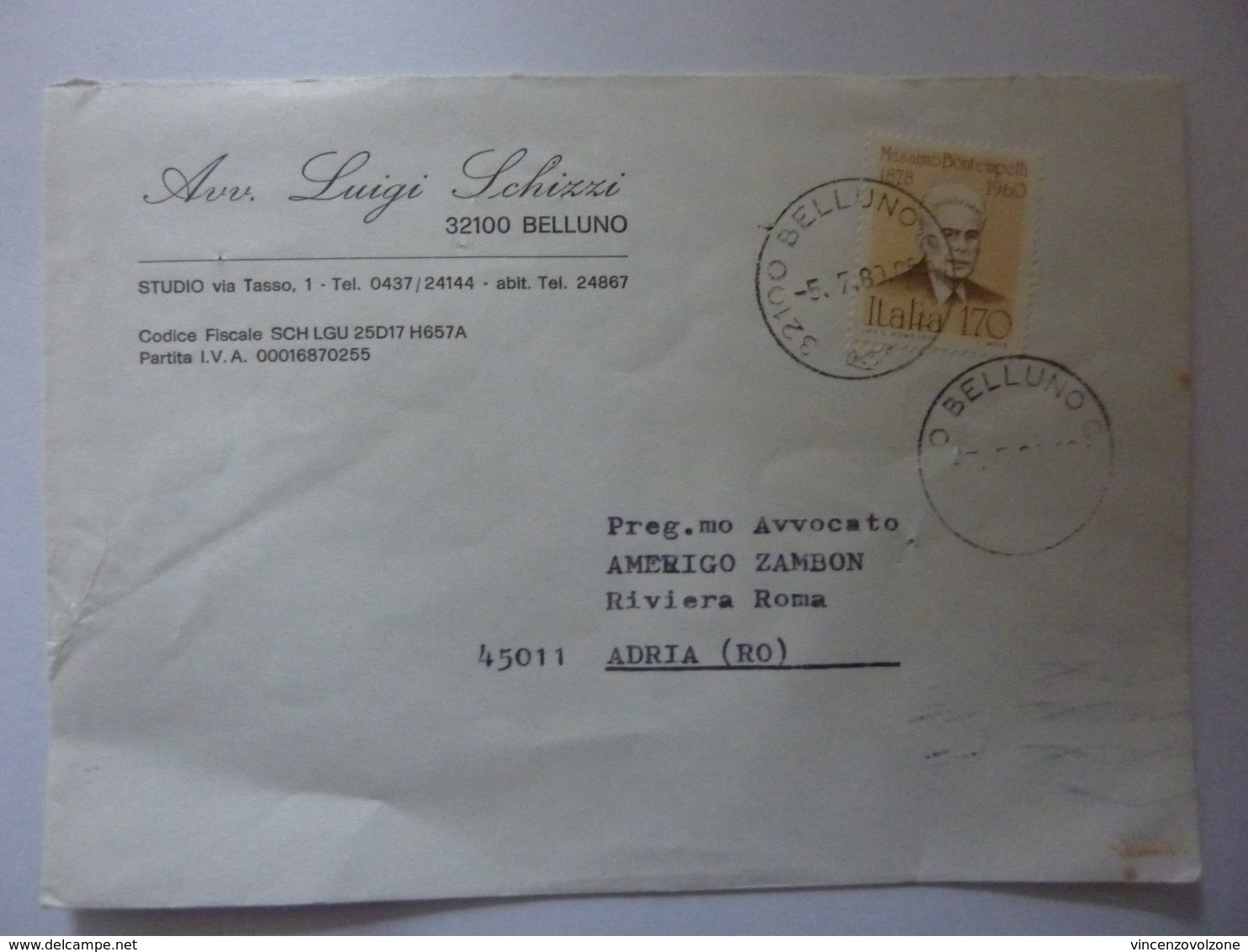 Busta Viaggiata "Avv. LUIGI  SCHIZZI Belluno" 1976 - 1971-80: Storia Postale