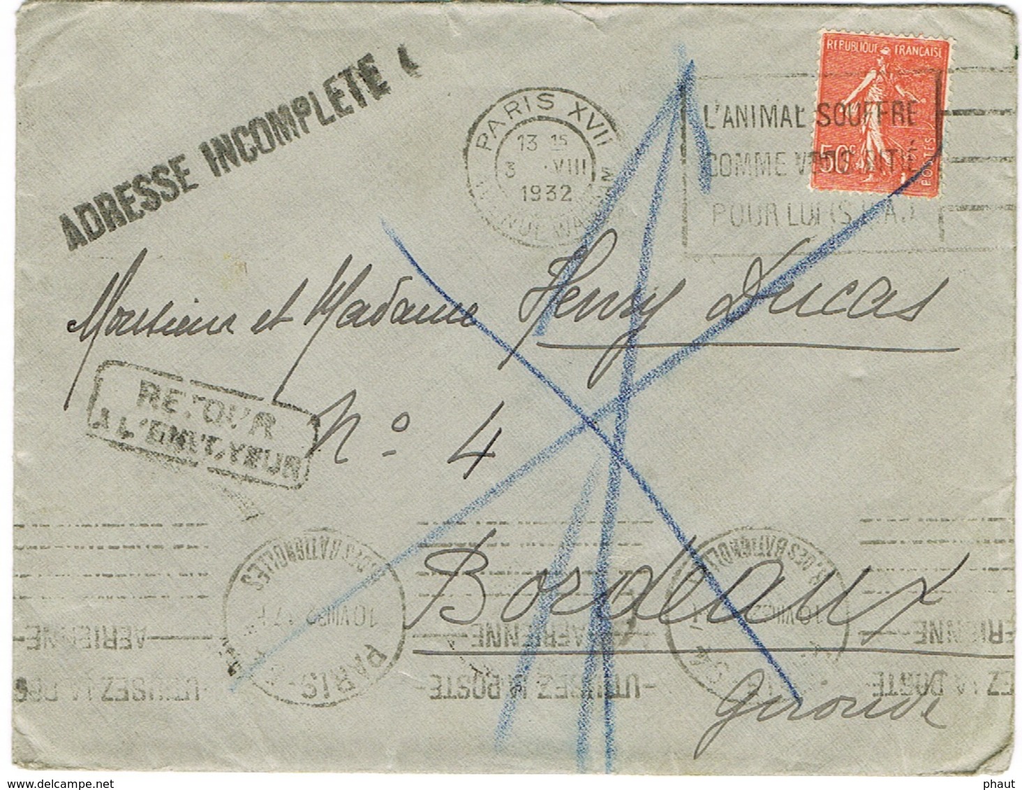 COURRIER RETOURNE POUR DEFAUT D'ADRESSE MULTIPLES CACHETS ET TAMPONS - 1921-1960: Période Moderne