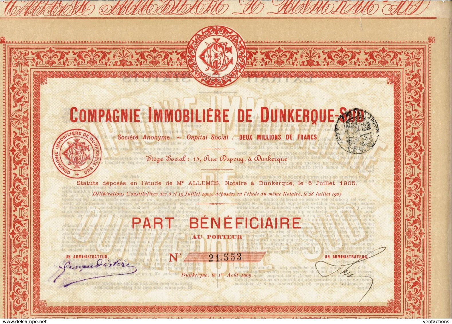 59-IMMOBILIERE DE DUNKERQUE-SUD. Part Bénéficiaire 1905.  Lot De 9 Titres - Other & Unclassified