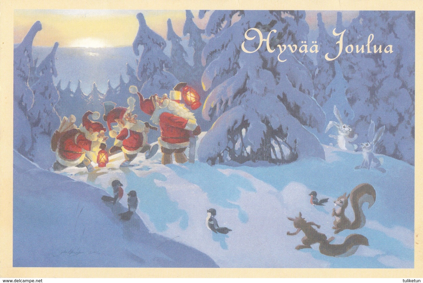 Santa Clauses Are Picking Up The Christmas Tree From The Forest - Squirrels - Double Card - Santa Claus