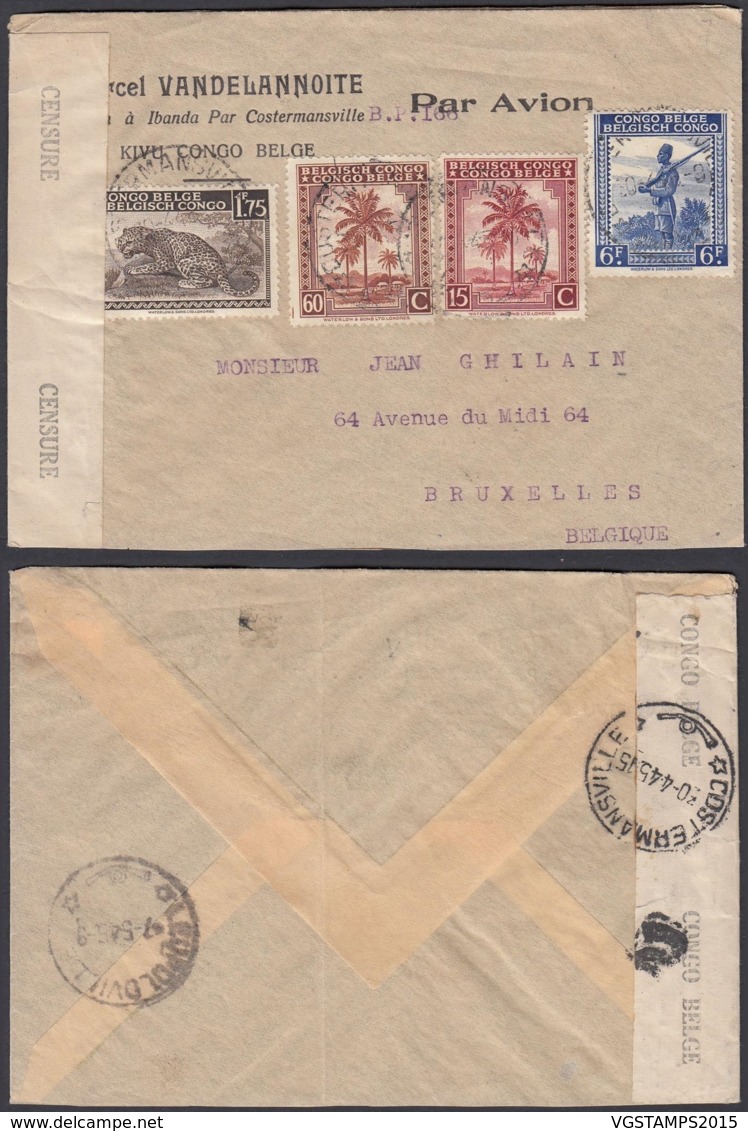 CONGO BELGE COB 230+235+259+264 DE COSTERMANSVILLE 30/04/1945 VERS BRUXELLES CENSURE (DD) DC-1613 - Lettres & Documents