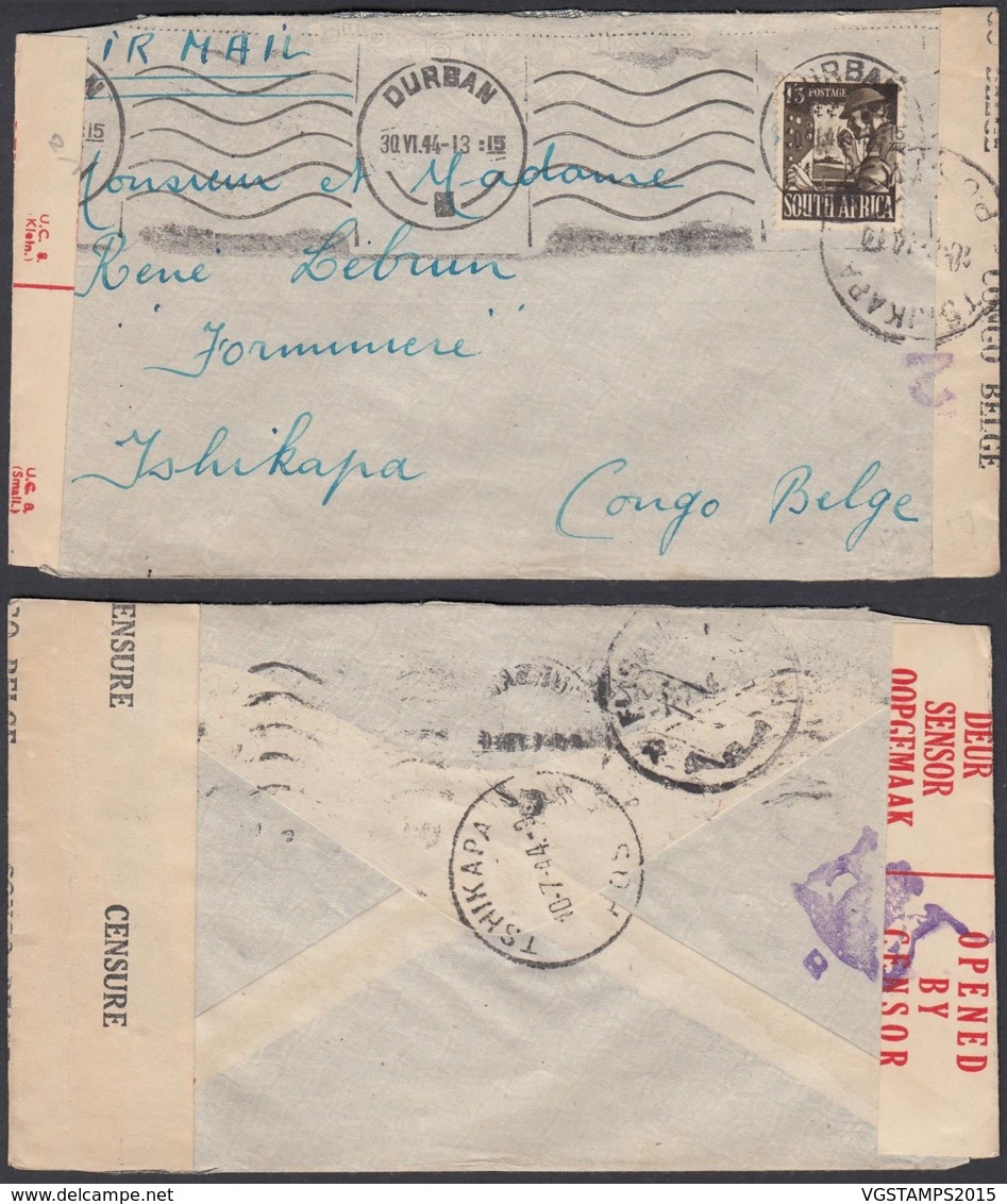 AFRIQUE DU SUD LETTRE DE DURBAN 30/06/1944 Vers TSHIKAPA  CENSURE (DD) DC-1617 - Covers & Documents