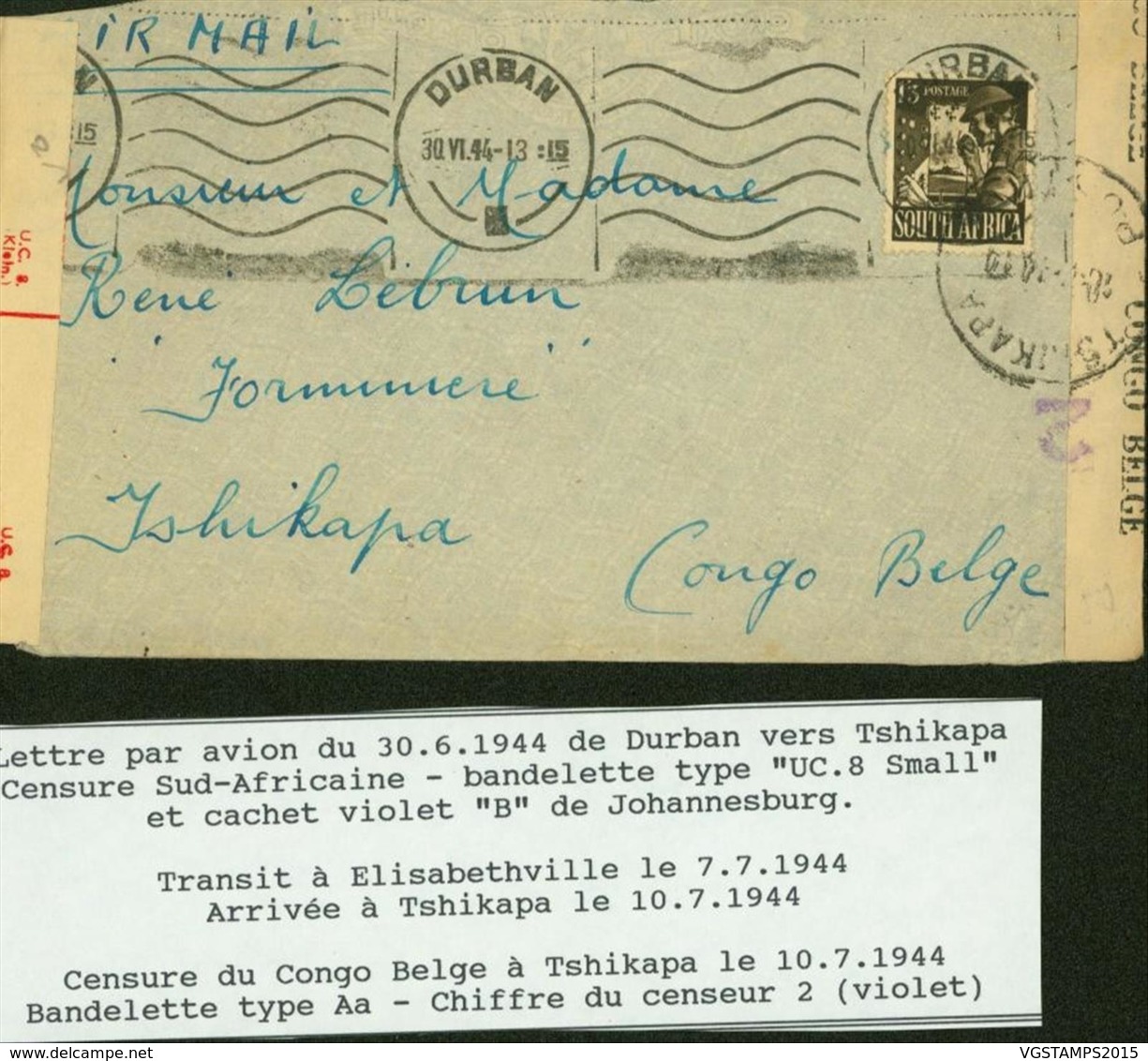 AFRIQUE DU SUD LETTRE DE DURBAN 30/06/1944 Vers TSHIKAPA  CENSURE (DD) DC-1617 - Lettres & Documents