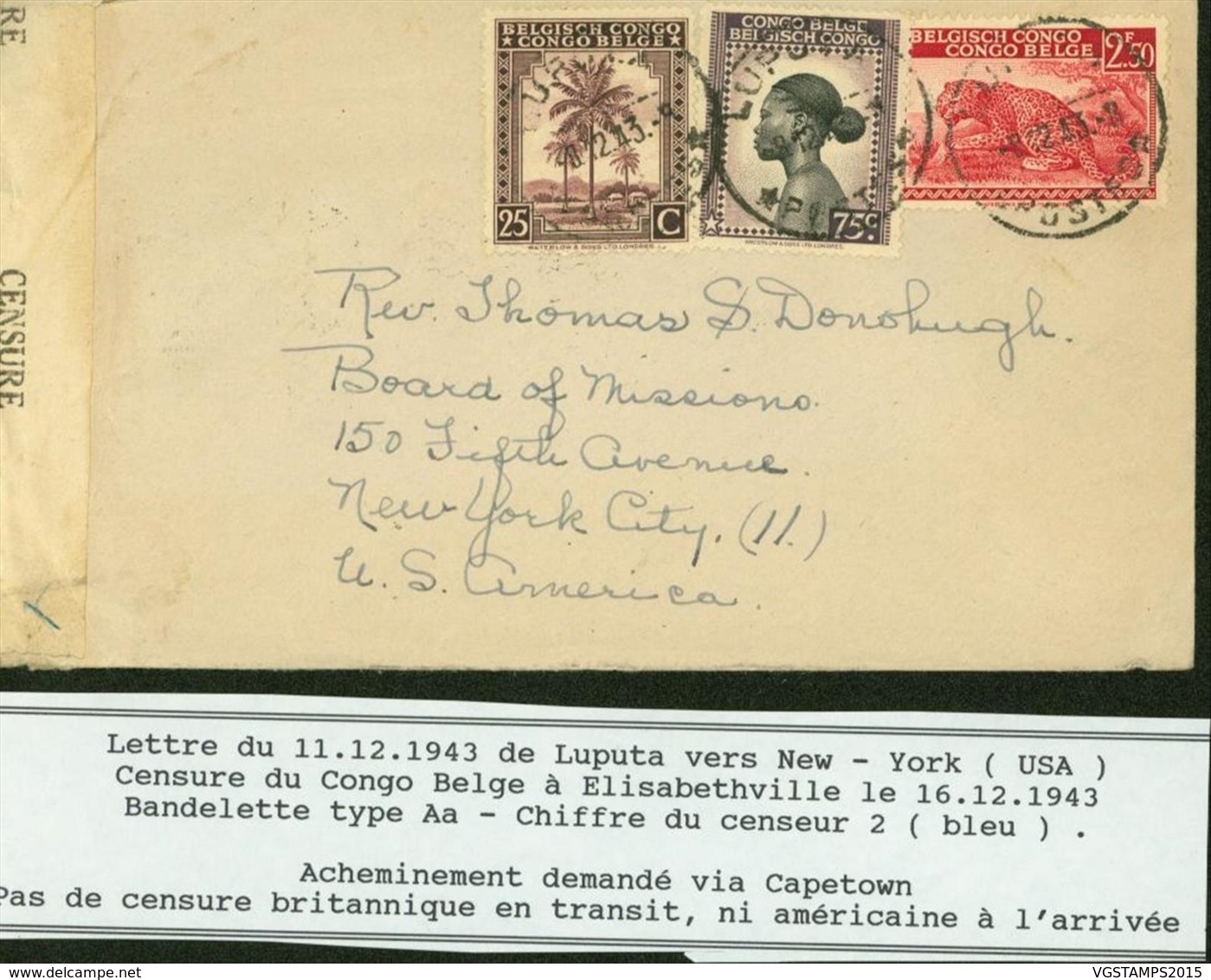 CONGO BELGE COB 232+241+256 DE LUPUTA 11/12/1943 Vers NEW-YORK CENSURE  (DD) DC-1622 - Lettres & Documents