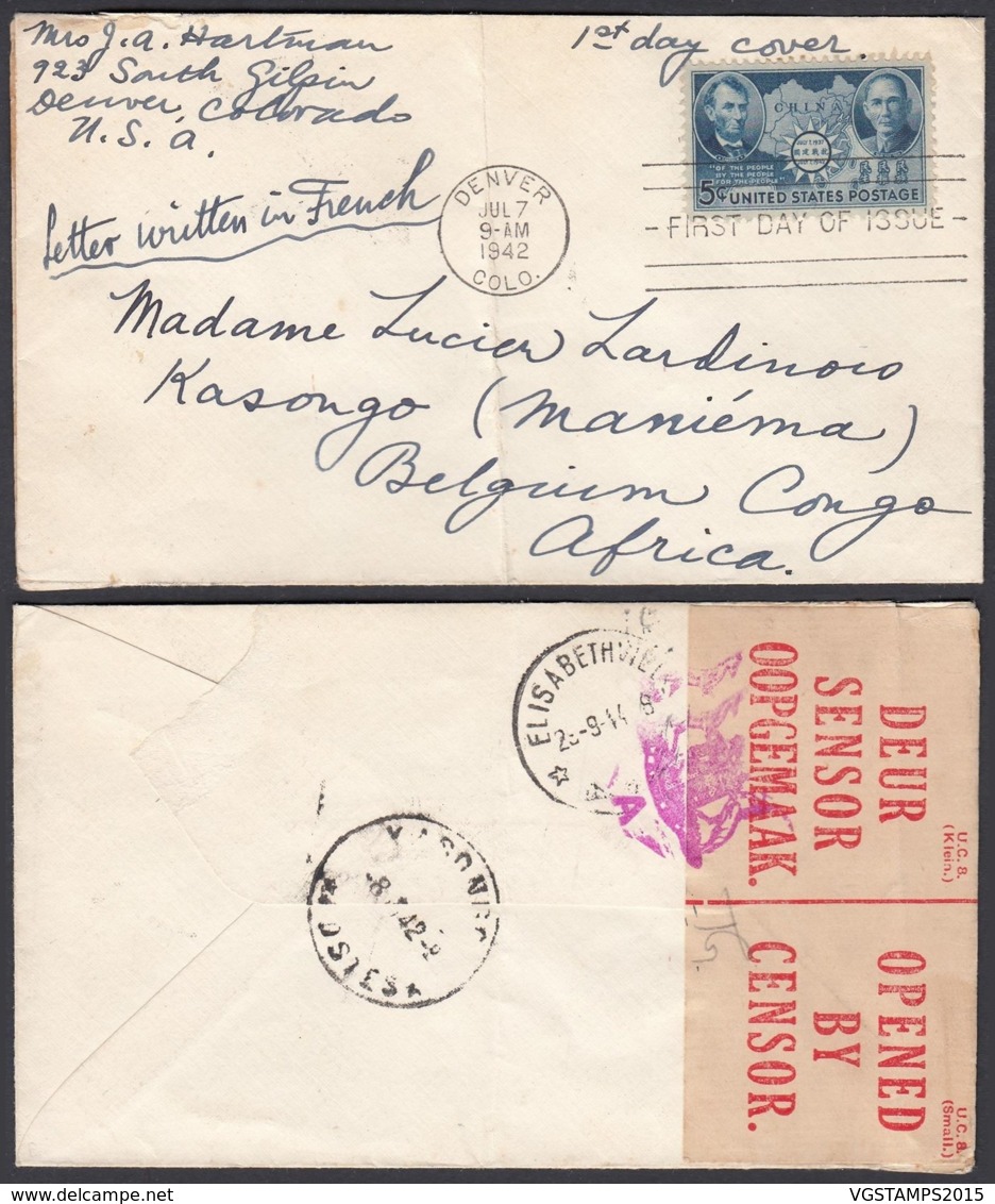 USA LETTRE DE DENVER 07/07/1942 Vers KASONGO CENSURE  (DD) DC-1625 - Lettres & Documents