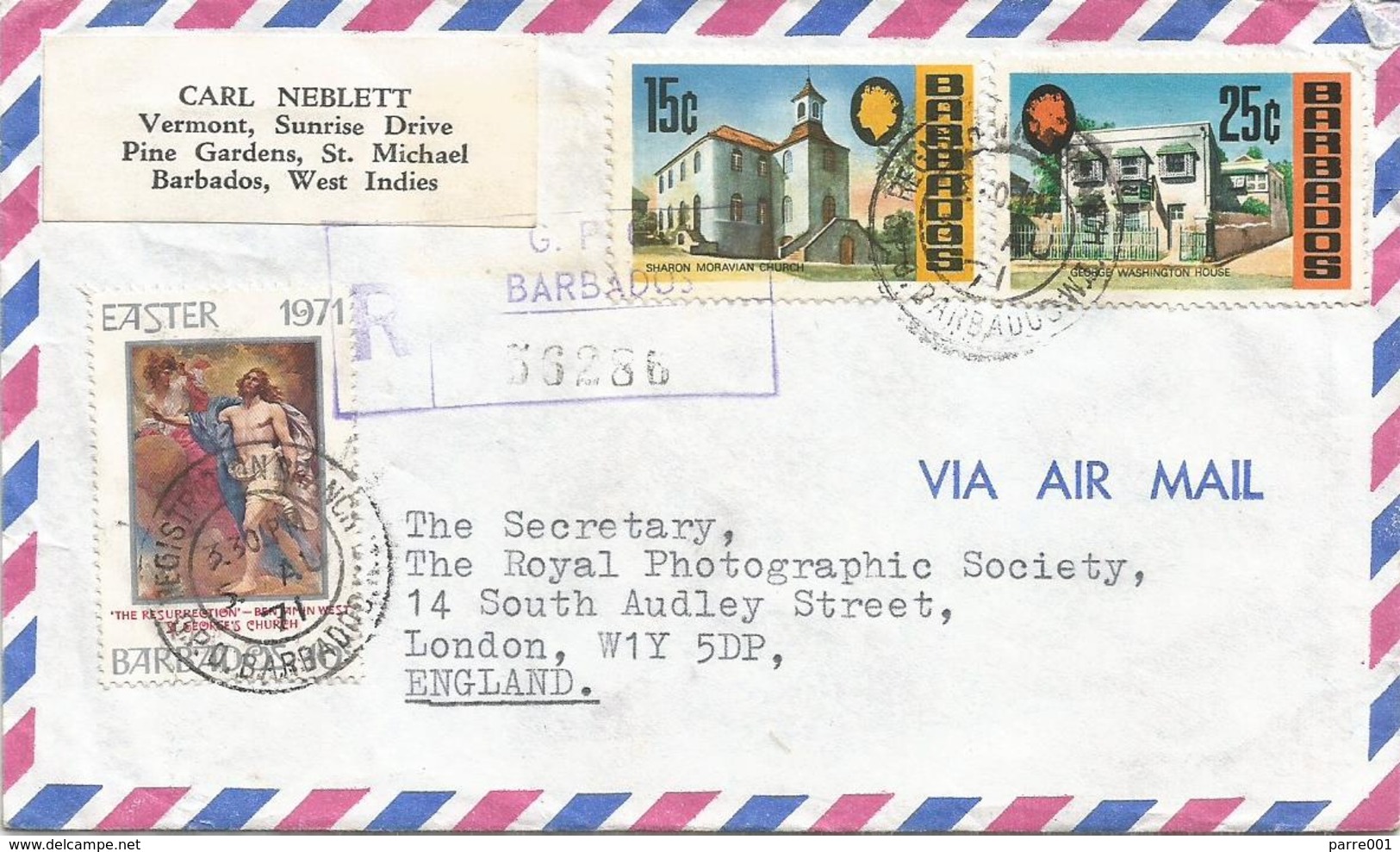 Barbados 1971 Bridgetown Christ Resurrection Church George Washington House Registered Cover - Barbados (1966-...)